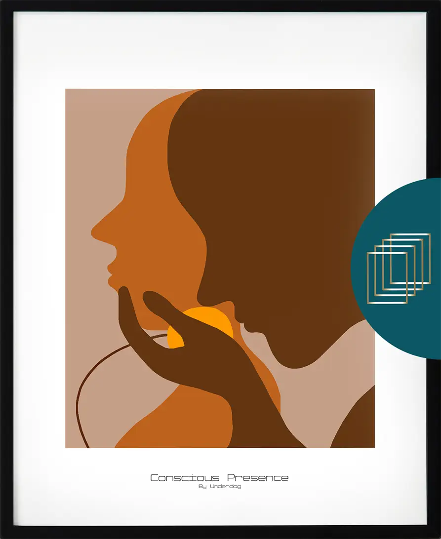 Poster med retroinspirerat motiv – Conscious Presence i varm färgskala och minimalistisk stil.