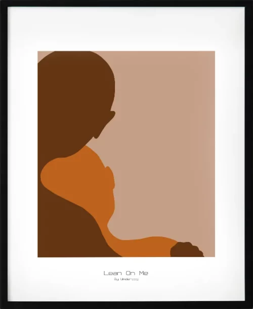 Poster i brun, orange och beige med motivet luta dig mot mig. En varm och personlig retroillustration i modern stil med 70-talskänsla.