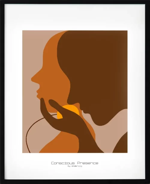 Retroinspirerad poster med motivet medveten närvaro i varma färger. Brun, orange och beige i modern 70-talsdesign som skapar lugn och värme i rummet.