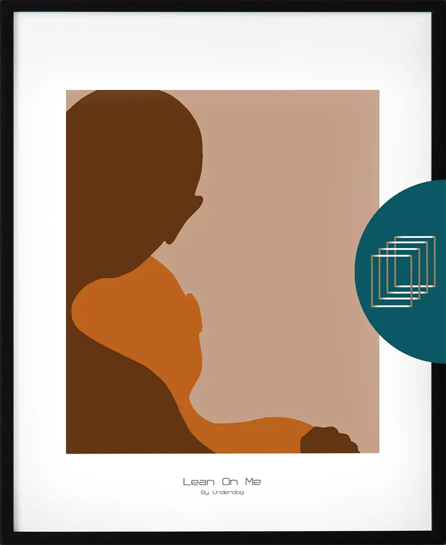Retroinspirerad poster – Lean on Me med siluettmotiv i varma färger som brun och orange.