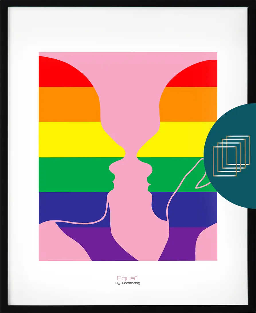 Poster med Pride-tema från Statement – siluett fylld av regnbågens färger mot ljusrosa bakgrund, med budskap om jämlikhet.