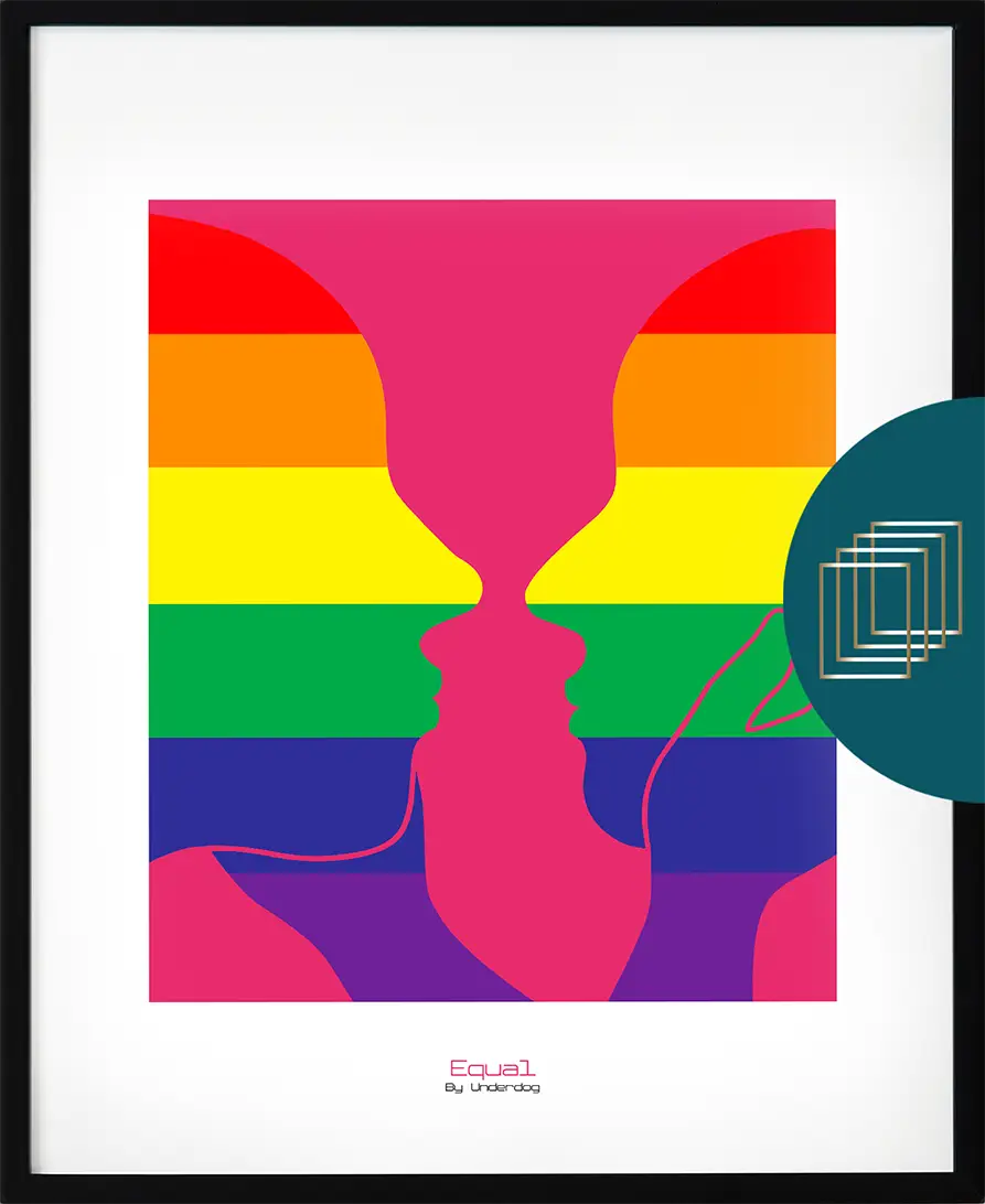Färgstark Pride-poster i serien Statement – regnbågsfärgad siluett med cerise bakgrund och jämlikhetsbudskap.