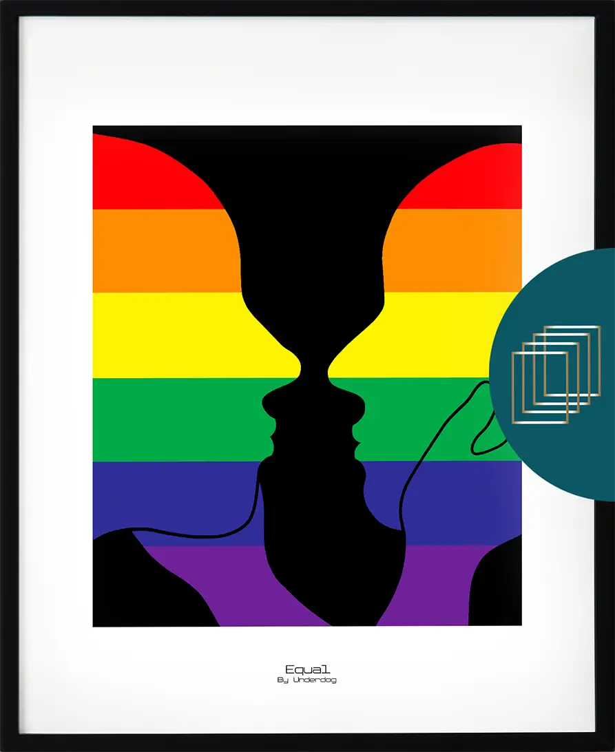 Statement-poster med regnbågssiluett på svart bakgrund – stark kontrast och tydligt Pridebudskap.