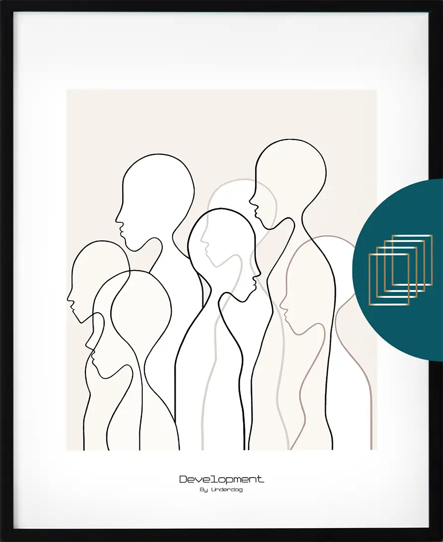 Poster från serien People – stiliserad mänsklig figur som symboliserar utveckling i ett modernt, surrealistiskt formspråk.