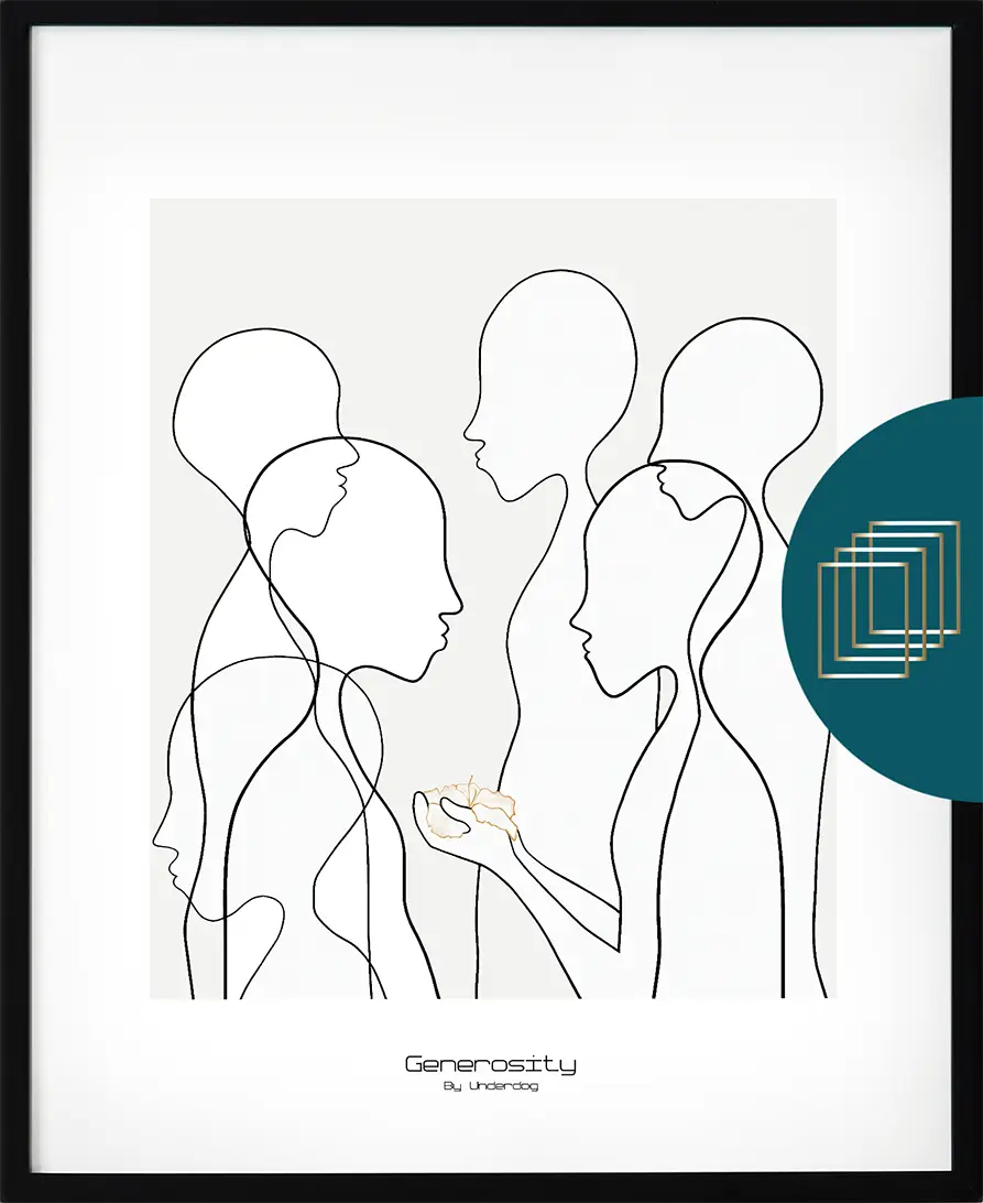 Poster från serien People – stiliserad mänsklig figur som uttrycker generositet i ett modernt, surrealistiskt formspråk.