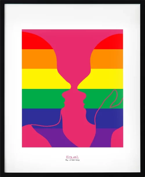 Poster med cerise bakgrund och Pridefärgerna i fokus. Budskapet lika förmedlar stolthet, mod och solidaritet. En poster för rättvisa och mänskliga rättigheter.