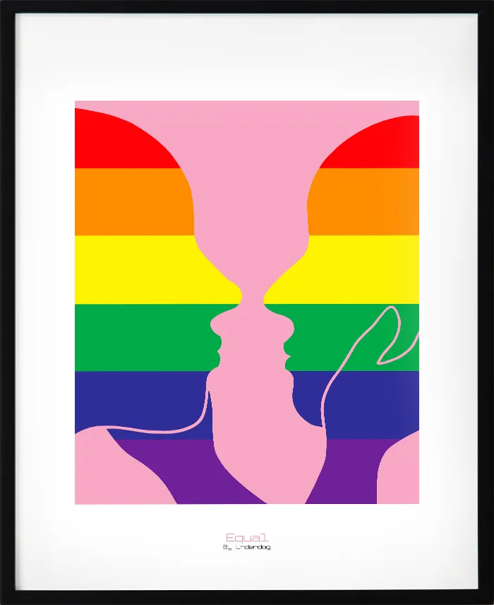 Färgstark poster med Pridefärgerna och texten lika mot rosa bakgrund. Konst som står upp för HBTQ+-rättigheter och allas lika värde. En tydlig och meningsfull väggdekoration.