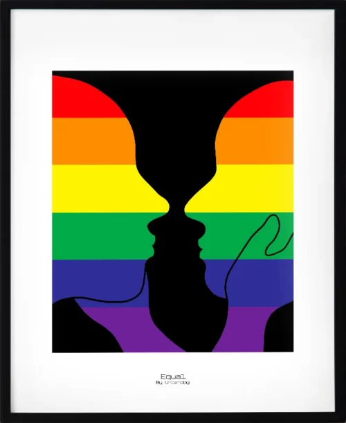 Konstposter med svart bakgrund och Pridefärgerna i centrum. Budskapet lika lyfter allas rätt att vara sig själva. Ett starkt och synligt konstverk för jämlikhet.