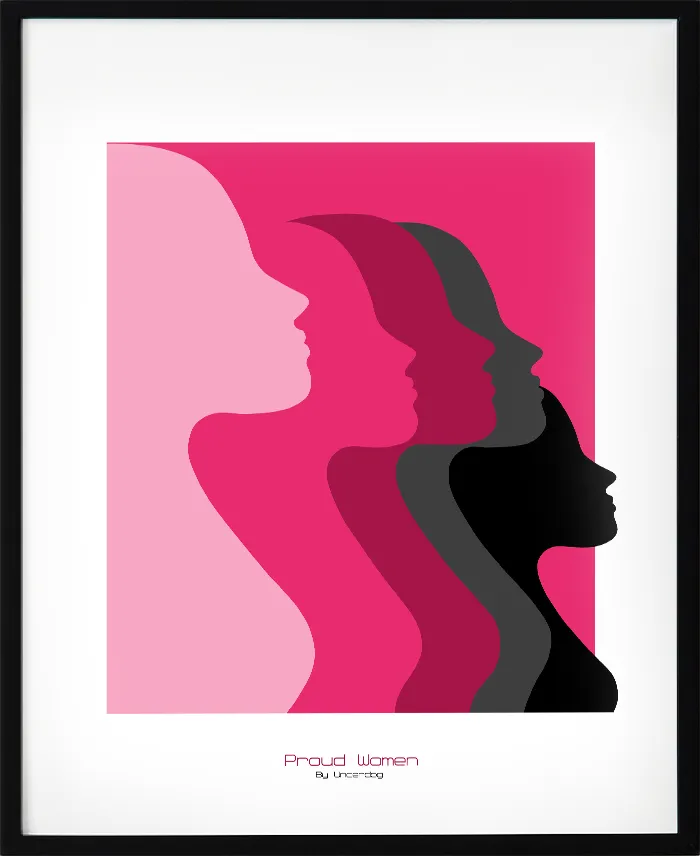 Feministisk poster med budskap om stolthet och kvinnors styrka. Cerise, svart och vitt i grafisk siluettkonst. En färgstark tavla för jämlikhet och självkänsla.