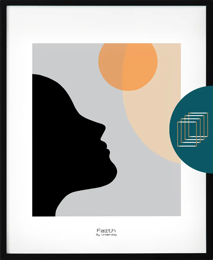 Poster med grafiskt uttryck från Basic – motivet Faith i svart och beige med diskreta orangea detaljer som ger energi.