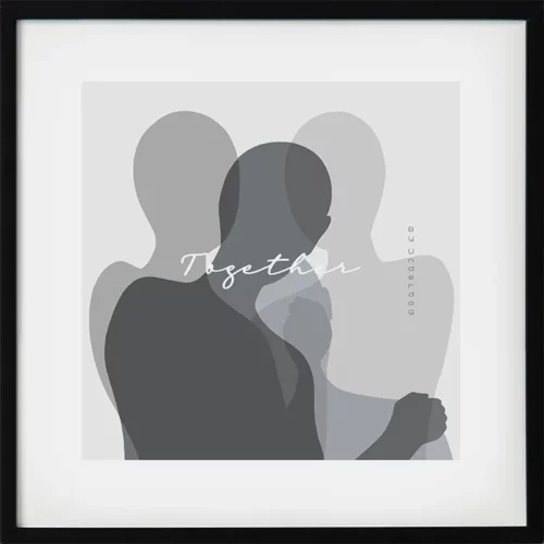 Fyrkantig poster i blågrå toner med budskapet tillsammans. Silhuetter som möts i ett stilla ögonblick. En del av ett konstpar som symboliserar närhet och samhörighet.