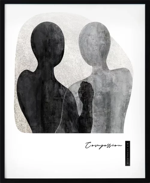 Poster med budskap – “Medkänsla” i grå, svart och brun färgskala, stilren konst i silhuett för skandinavisk inredning.