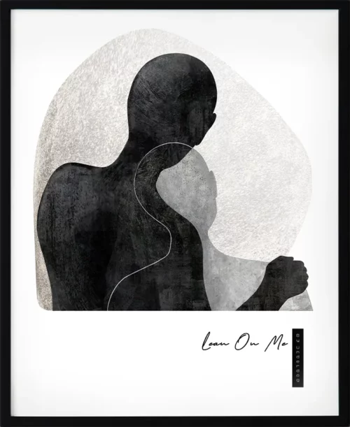 Poster med budskap i svart, beige och grå med texten luta dig mot mig. Stilren silhuettkonst som passar skandinavisk inredning.