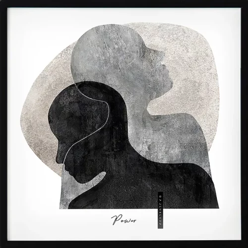 Fyrkantig poster med starkt budskap om kraft. Mörka silhuetter i svart och grått förmedlar styrka och balans. Ett stort konstverk som passar skandinavisk inredning.