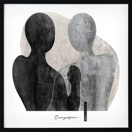 Stilren poster med budskapet medkänsla i fyrkantigt format. Silhuetter i svart och grått i ett nära möte mot ljus bakgrund. En stor poster med känsla och skandinavisk ton.