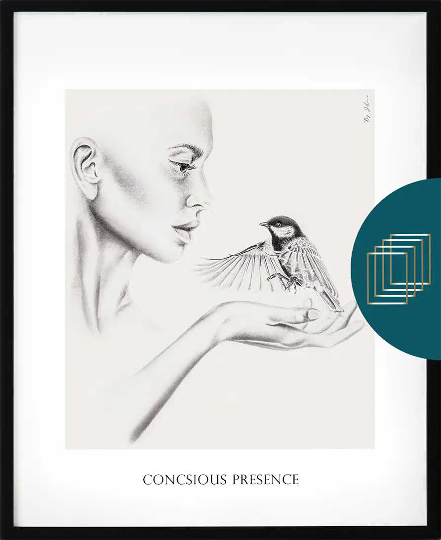 Poster från serien Jelina – "Conscious Presence" i blyertsstil med ljus bakgrund
