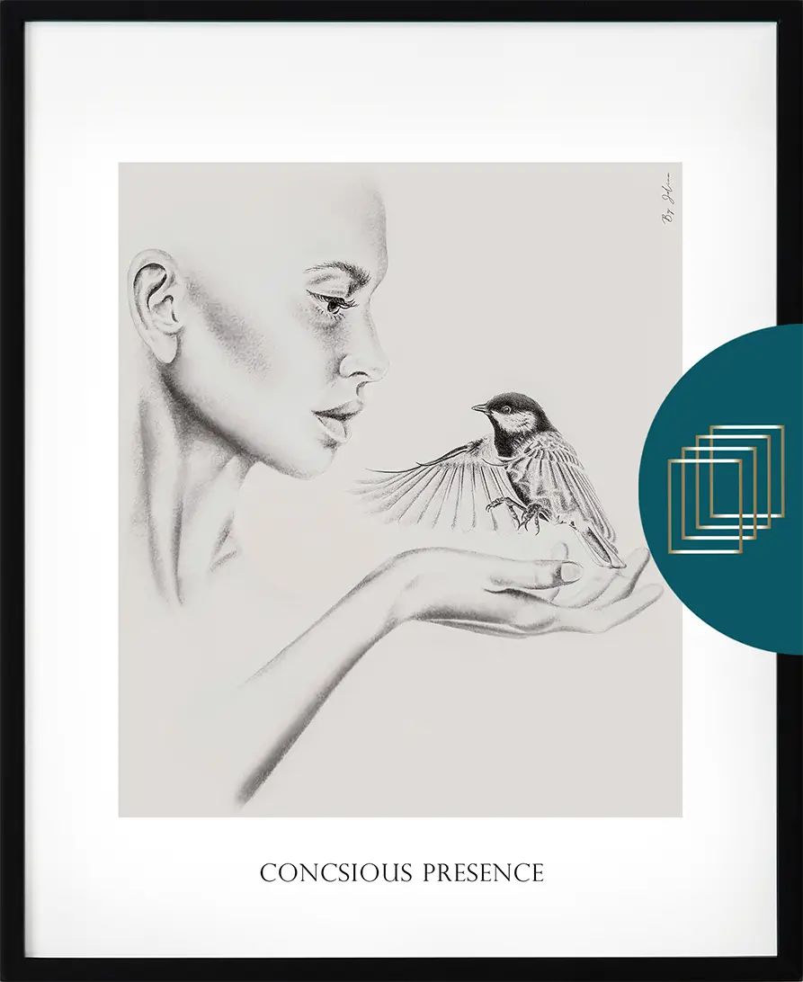 Poster från serien Jelina – "Conscious Presence" i blyertsstil med mörk bakgrund