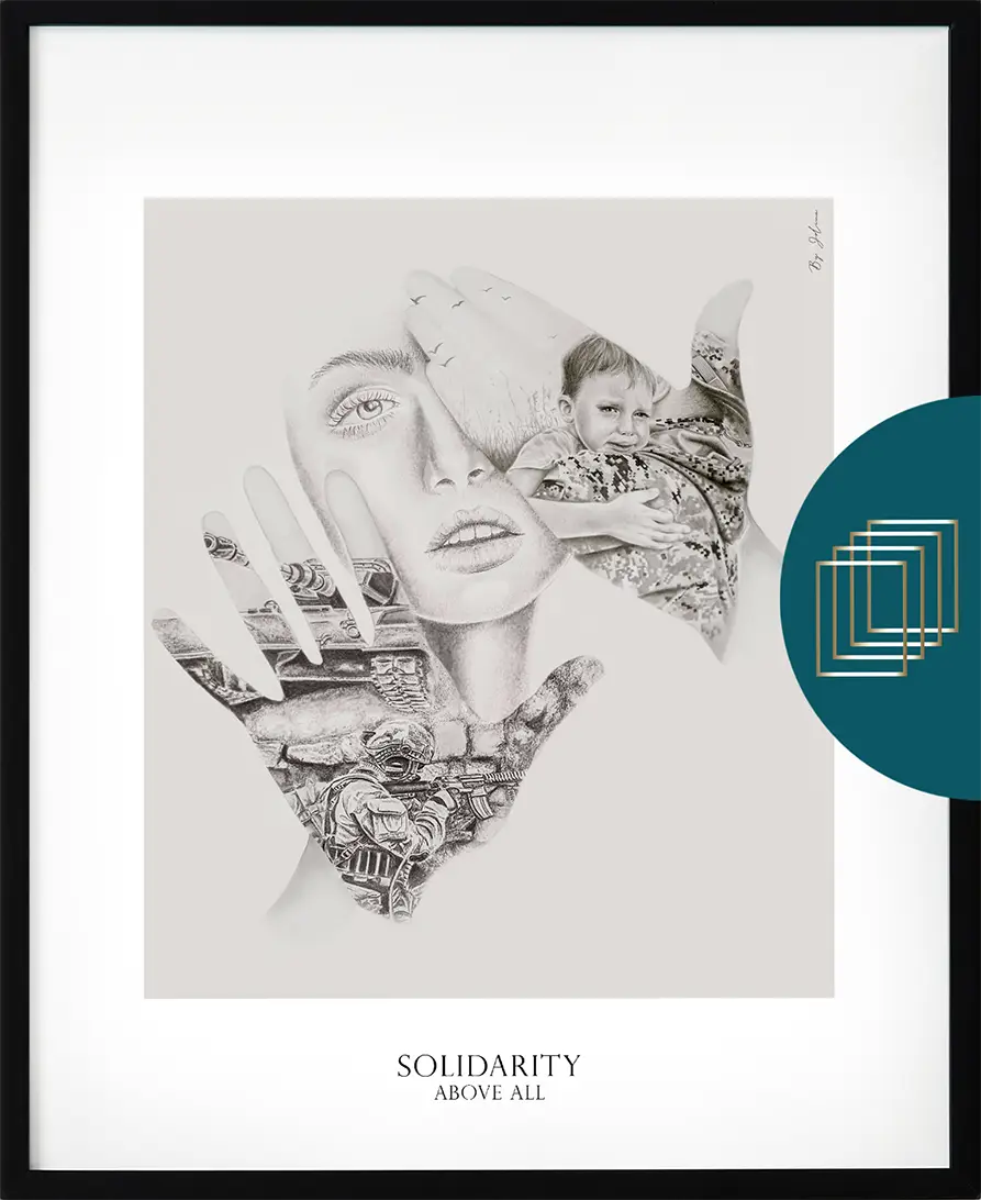 Poster från serien Jelina – "Solidarity" i blyertsstil med mörk bakgrund
