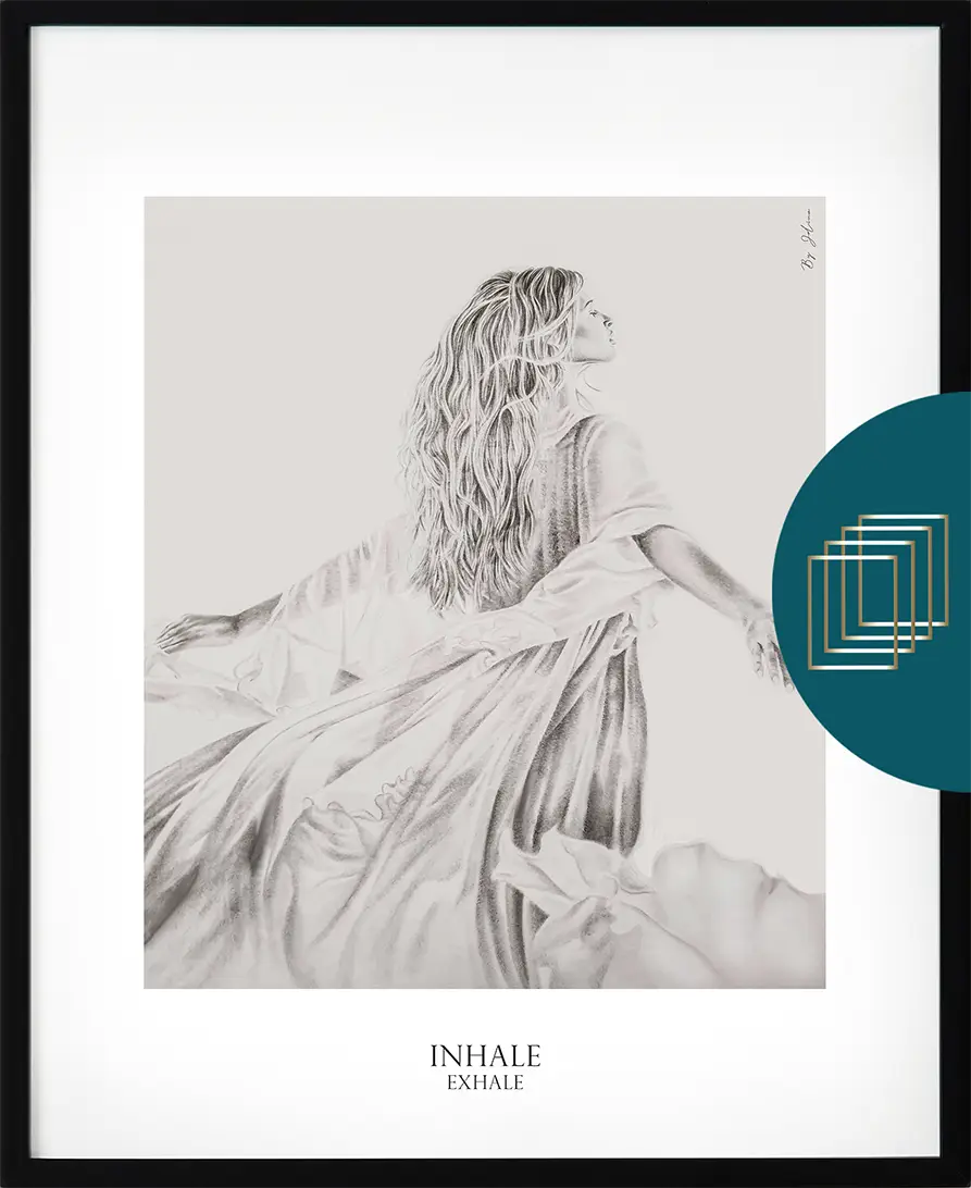 Poster från serien Jelina – "Inhale Exhale" i blyertsstil med mörk bakgrund