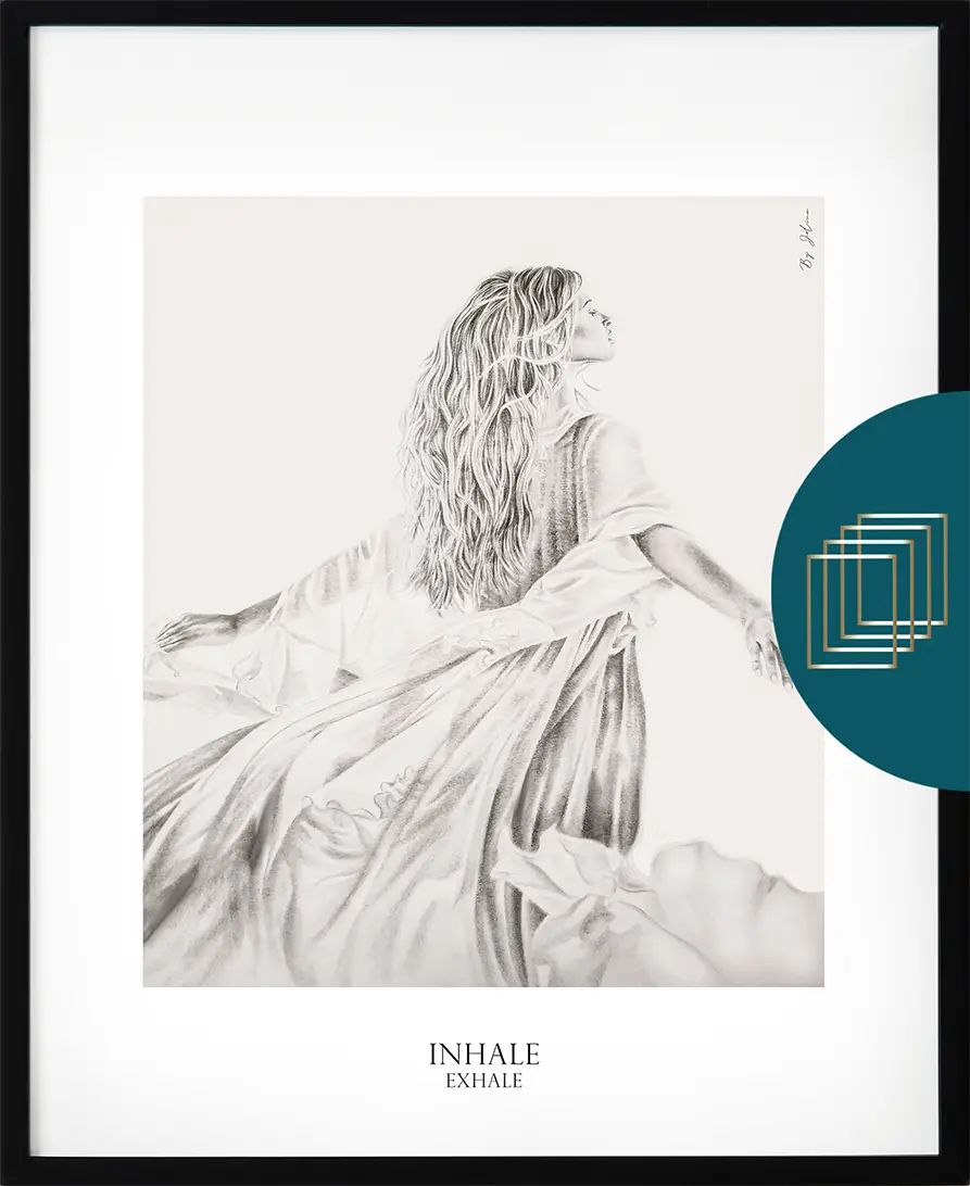 Poster från serien Jelina – "Inhale Exhale" i blyertsstil med ljus bakgrund
