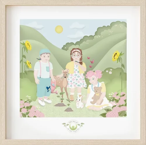 Pedagogisk barntavla med fokus på miljö och natur. Barn och djur i samspel i en lugn grönskande omgivning.