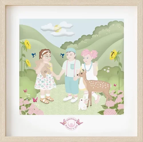 Pedagogisk barntavla med budskap om gemenskap. Pastellfärger och illustration av barn