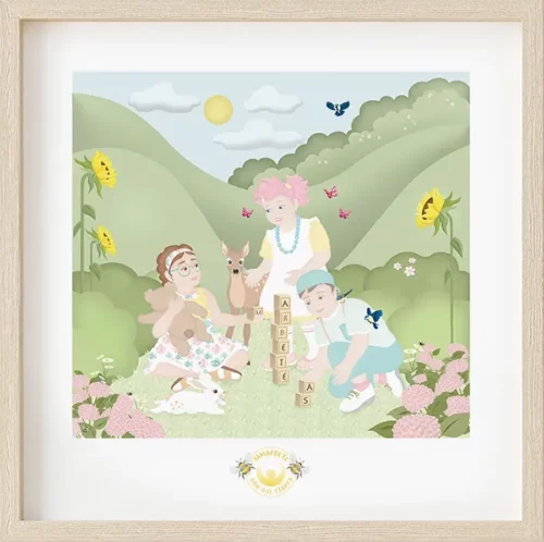 Barntavla med pedagogiskt budskap om samarbete. Illustration i pastellfärger med barn som leker och bygger tillsammans i grön miljö.