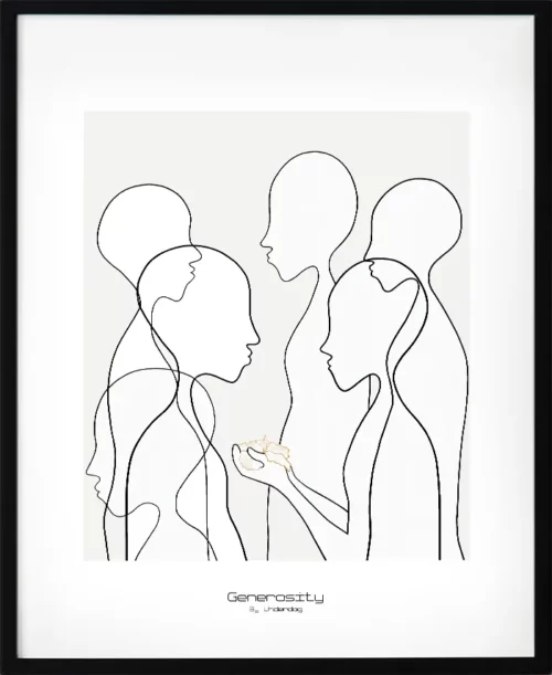 Poster i enkel linjekonst med helfigurer i varma toner. Motiv med närhet och generositet i fokus. En stilren och poetisk tavla som passar i hem med lugn och rymd.