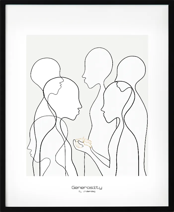 Poster i enkel linjekonst med helfigurer i varma toner. Motiv med närhet och generositet i fokus. En stilren och poetisk tavla som passar i hem med lugn och rymd.