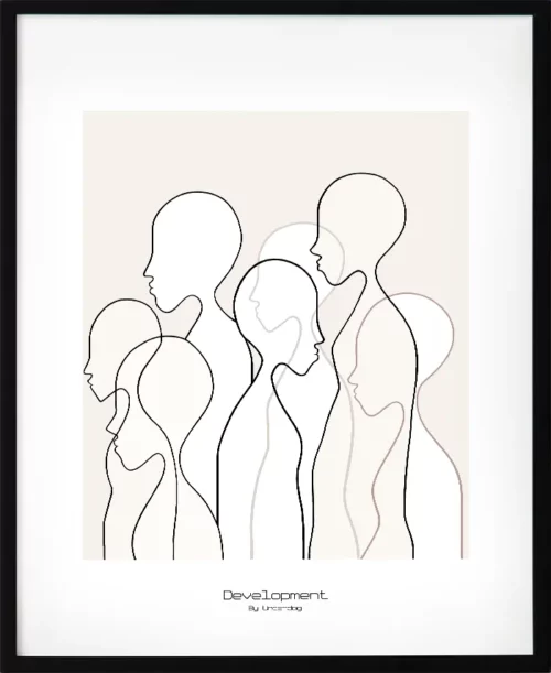 Stilren poster med helfigurer i svart linjekonst. Motiv med flera personer i rörelse som symboliserar utveckling och samhörighet. Poetisk konst för den som söker enkelhet med liv.