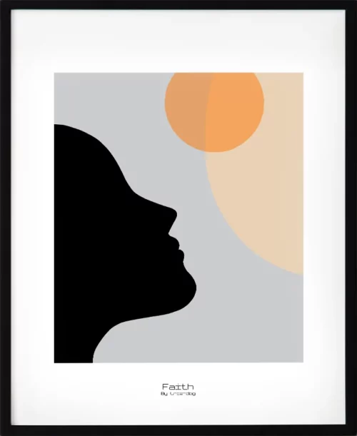 Konstposter med motivet hopp i stilren färgskala. Tydliga former i svart, beige och orange förmedlar energi och optimism. En grafisk tavla med uttryck.