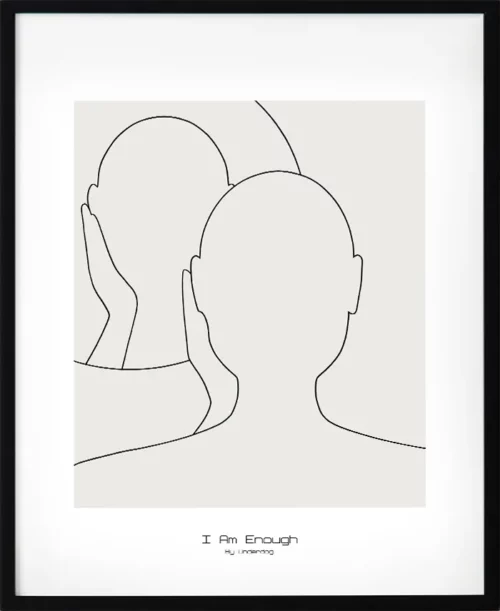 Minimalistisk poster med budskapet jag är tillräcklig. Svart linjemotiv mot beige bakgrund i digitalt avskalad form. En stillsam och kraftfull väggdekor för moderna hem.