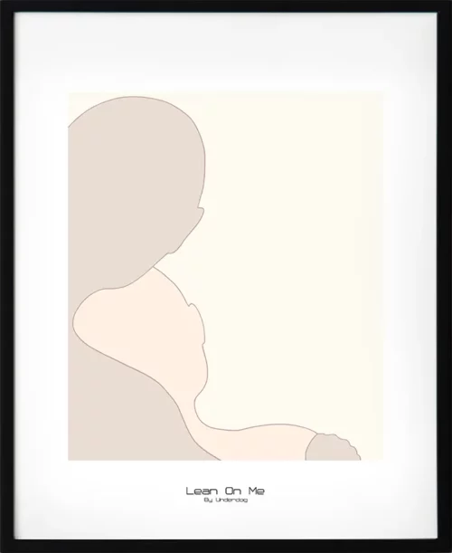 Stilren poster i lågkontrast med motivet luta dig mot mig. Två figurer i mjuka pasteller som uttrycker närhet och trygghet. En subtil tavla för stillsamma miljöe