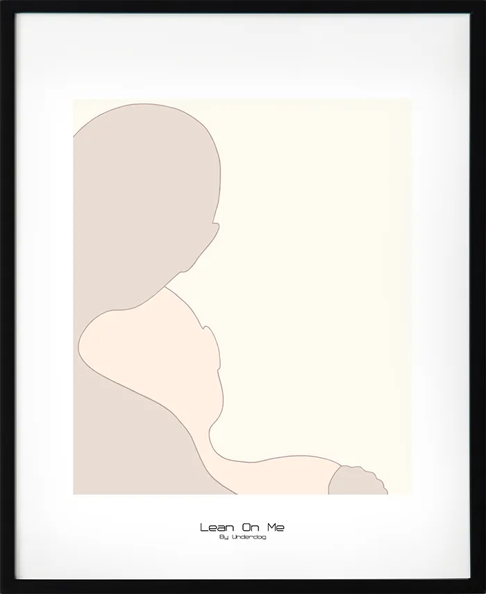 Stilren poster i lågkontrast med motivet luta dig mot mig. Två figurer i mjuka pasteller som uttrycker närhet och trygghet. En subtil tavla för stillsamma miljöe