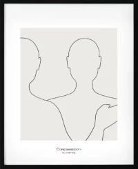 Poster med budskapet medkänsla i svart linjekonst. Enkel, digital design mot beige bakgrund som förmedlar värme genom form. En hyllning till stilla uttryck.