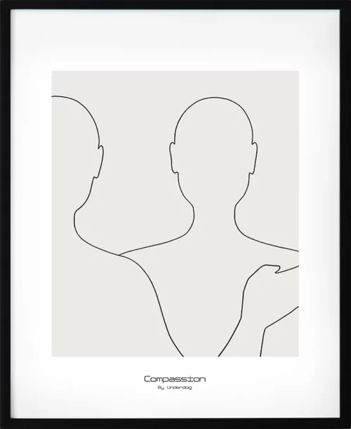 Poster med budskapet medkänsla i svart linjekonst. Enkel, digital design mot beige bakgrund som förmedlar värme genom form. En hyllning till stilla uttryck.