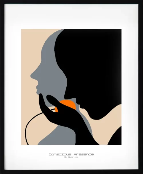 Stilren poster med motivet medveten närvaro. Svart, beige och orange i grafisk balans skapar lugn med kontrast. Passar både moderna och klassiska hem