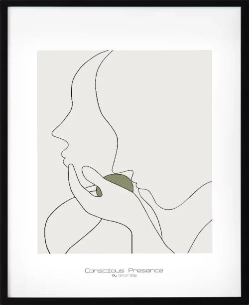 Poster med motivet medveten närvaro i svart linjekonst. Beige bakgrund och avskalad design ger ett lugnt, fokuserat uttryck för det moderna hemmet.