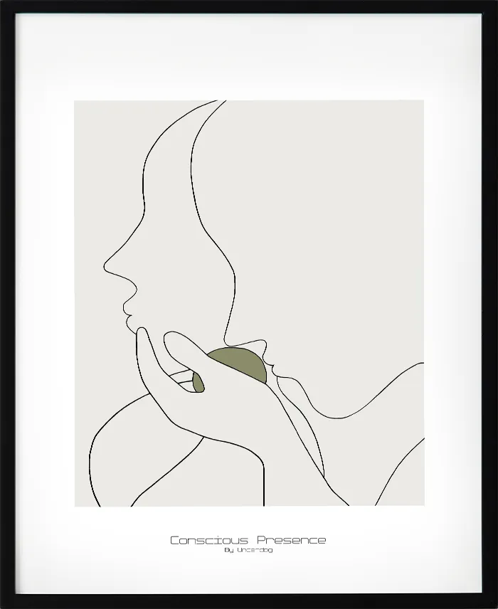 Poster med motivet medveten närvaro i svart linjekonst. Beige bakgrund och avskalad design ger ett lugnt, fokuserat uttryck för det moderna hemmet.