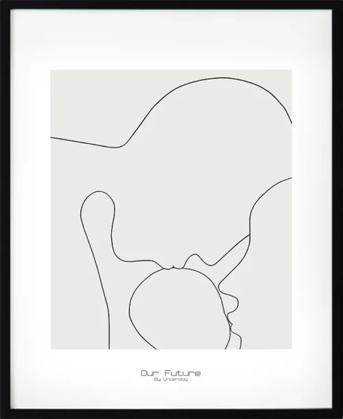 Poster med motivet vår framtid i enkel svart linje mot beige bakgrund. Avskalad, digital design som symboliserar hopp och riktning. Passar i minimalistiska miljöer.